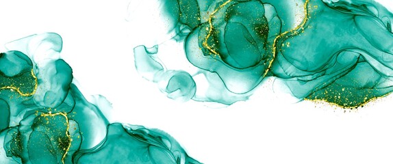 Alcohol ink fluid background texture with gold glitter, luxury green liquid background on the white colour, modern wallpaper design, for print