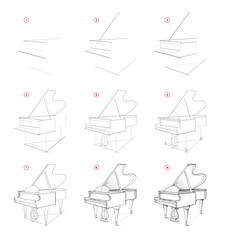 Wall Mural - Page shows how to learn to draw sketch of grand piano. Creation step by step pencil drawing. Educational page for artists. Textbook for developing artistic skills. Online education.