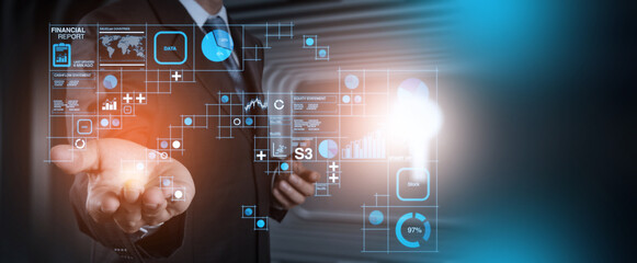 Wall Mural - erp, document management concept.businessman working with laptop computer with icons on virtual scre