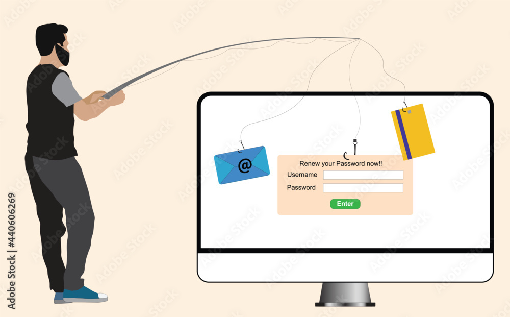 vector illustration concept of web security, hacker trying attack via phishing email, stealing digital information from victim  