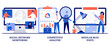 Social network monitoring, competitive analysis, regular blog posts concept with tiny people. Marketing and PR abstract vector illustration set. Brand reputation, startup business consultant metaphor