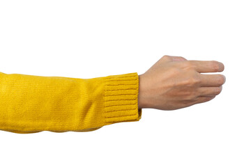 Wall Mural - Woman hand show holding something like a bottle with yellow shirt isolated on white background. Clipping path included