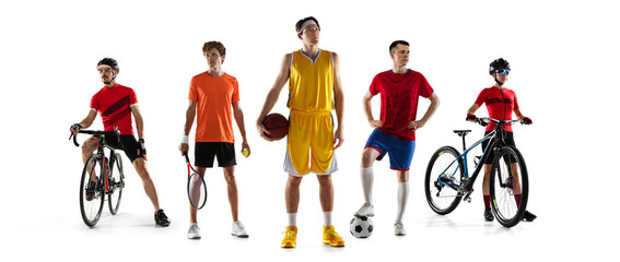 Wall Mural - Multi sport collage. Football, tennis, basketball male players and cyclists isolated on white background. Flyer