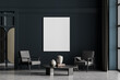 © ImageFlow - Framed mockup posters in apartment living room design interior, grey modern furniture, blue wall, stone floor, two armchairs. Concept of relax.