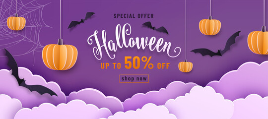 Wall Mural - Happy Halloween vector banner illustration or party invitation background with sale offer text sign, night clouds, pumpkins, spider web and bats in 3d paper cut style