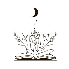 Mystical Boho Crystal With Book And Flower. Esoteric Objects-black And White Vector Illustration