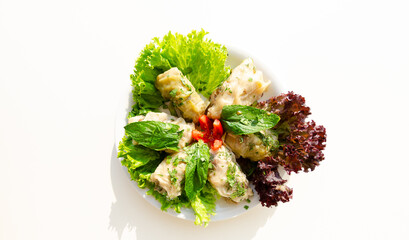 Sticker - Top view of wrapped meat with green and purple lettuce on a plate