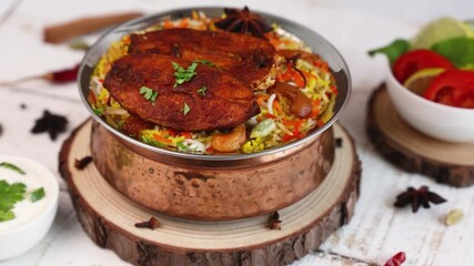 Poster - Indian Fish biryani , Spicy Malabar biryani or Hyderabadi biryani, Dum Biriyani, pulao 4K slow motion rotating video footage Kerala India Sri Lanka . basmati rice, herbs, raitha Ramadan Kareem, Eid