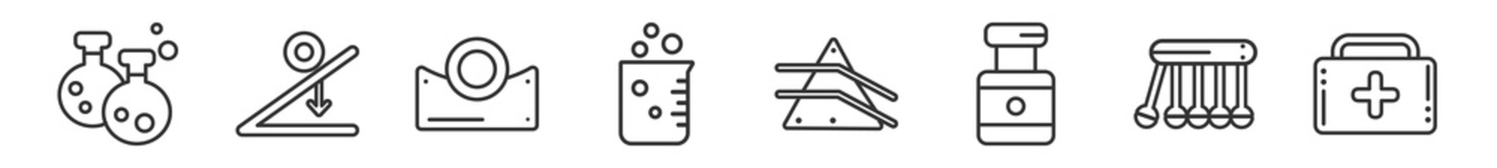 Wall Mural - outline set of science line icons. linear vector icons such as flasks, newton, concave, beaker, refr