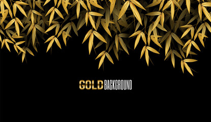 Wall Mural - Golden Asian Bamboo Leaves on Black Background. Design Templates for tropical vacation, cards, posters, banners, flyers, presentations. Vector illustration.