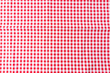 A Crumpled Dining Tablecloth With A White And Red Checker Pattern Is The Background. Top View For Food Menu Design. Used To Cover The Dining Table To Prevent Stains, Make It Easy To Clean The Table.