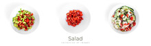 Salad With Shripms, Sliced Tomatoes, Onion And Avocado Isolated On A White Background.