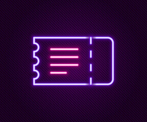 Sticker - Glowing neon line Train ticket icon isolated on black background. Travel by railway. Colorful outline concept. Vector