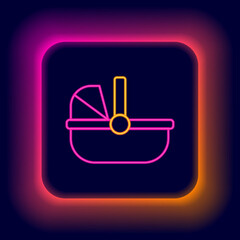 Sticker - Glowing neon line Baby stroller icon isolated on black background. Baby carriage, buggy, pram, stroller, wheel. Colorful outline concept. Vector