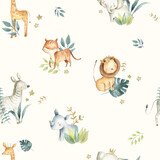 Fototapeta Dziecięca - Safari Animals Watercolor Baby Nursery Seamless Pattern Cream