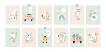 Baby Shower Print With Cute Animals, Capturing All The Special Moments. Baby Milestone Cards With Flowers And Numbers For Newborn Girl Or Boy. 1-11 Months And 1 Year.  Baby Month Anniversary Card
