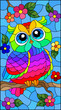 A stained glass illustration with a cute cartoon rainbow owl sitting on a tree branch with flowers against a blue sky