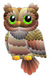 A stained glass illustration with a cute cartoon brown owl, a bird isolated on a white background