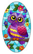 Stained glass illustration with cartoon owl against a blue sky and flowers, in a bright frame, oval image