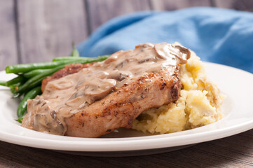 Sticker - Crispy pork chop, mushroom sauce and creamy mashed potatoes