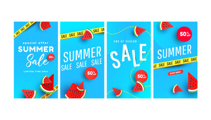 Wall Mural - Hot summer sale editable template set with tropical sliced watermelon elements and forms for social networks stories, banner, flyer, invitation, poster, website or greeting card.