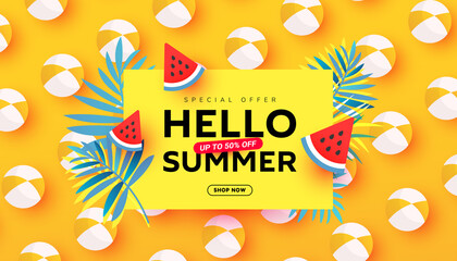 Wall Mural - Summer sale vector illustration with tropical leaves,beach accessories, ripe watermelon slices pattern background. Promotion banner for website, flyer and poster. Vector illustration