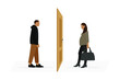 Pregnant female character with bag in hand and male character are standing on opposite sides of the door on a white background