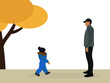 © Tatyana - Little boy in warm clothes walking towards a male character on the street