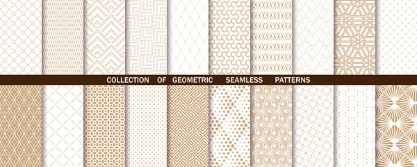 Geometric set of seamless gold and white patterns. Simple vector graphics