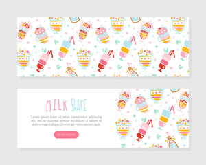 Canvas Print - Milkshake Landing Page Template, Healthy Ice Cream Drinks and Fresh Milk Beverages Website Interface Vector Illustration