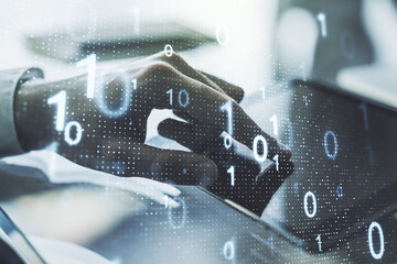 Wall Mural - double exposure of creative abstract binary code hologram and finger clicks on a digital tablet on b