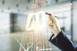 © Pixels Hunter - Double exposure of man hand with pen working with creative artificial Intelligence icon on blurred office background. Neural networks and machine learning concept