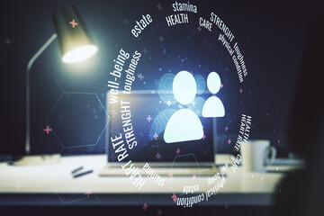Creative abstract people icons hologram on modern computer background, life and health insurance concept. Multi exposure