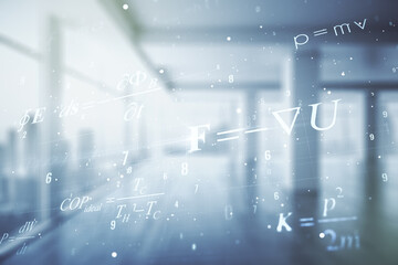 Double exposure of scientific formula hologram on empty modern office background, research and development concept