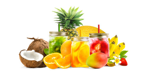 Wall Mural - Assorted tropical fruits and Fresh juice in jars composition on a white background.