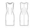 Dress sheath technical fashion illustration with sleeveless, fitted body, knee length pencil skirt. Flat apparel front, back, white color style. Women, men unisex CAD mockup