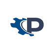 Corporation Letter P with Swoosh Automotive Gear Logo Design. Suitable for Construction, Automotive, Mechanical, Engineering Logos