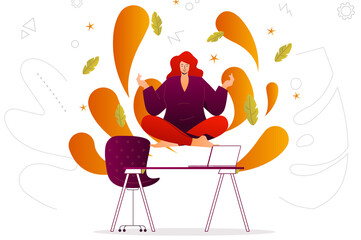 Poster - Meditation web concept. Woman flying in lotus position relaxes in office or home. People scene with flat line characters design for website. Vector illustration for social media promotional materials