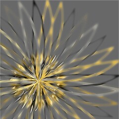 Abstract illustration of a dandelion floral shape in black, gold and gray, on a gray background