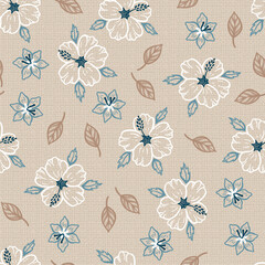  Tropical Floral pattern. Hibiscus Flowers and Leaves Seamless Pattern. Background with Imitation Linen Burlap Texture. Brown, White, Blue Colors.