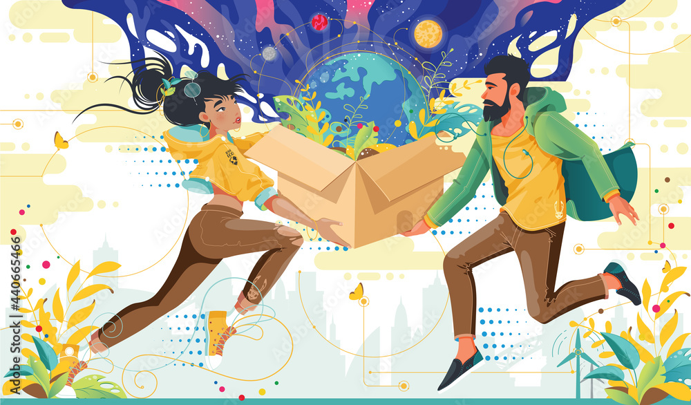 Kolorowa ilustracja młoda kobieta i mężczyzna trzymają w dłoniach przesyłkę w której jest Ziemia. ekologiczna przesyłka, Eko dostawa zakupów. - obrazy, fototapety, plakaty 