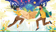Kolorowa ilustracja młoda kobieta i mężczyzna trzymają w dłoniach przesyłkę w której jest Ziemia. ekologiczna przesyłka, Eko dostawa zakupów.
