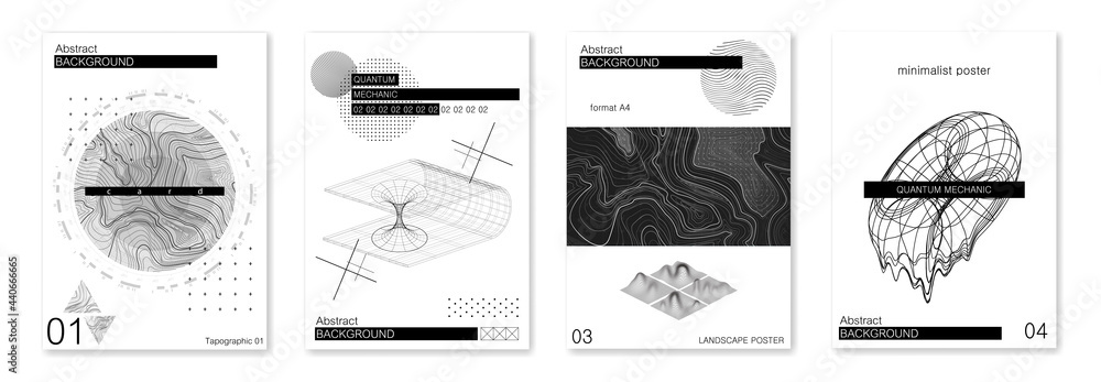 Sci-fi minimalist abstract posters format A4. Concept quantum mechanics, topographic maps, atoms and molecules. Futuristic posters with abstract shapes. Science posters in minimal style. Vector set  - obrazy, fototapety, plakaty 