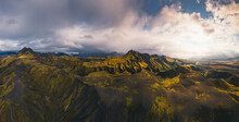 Aerial Panorama Of The Summer Highlands In Iceland. Thorsmork Valley Surrounded By The Glaciers And A High Mountains. High Resolution Photograph. High Quality Photo