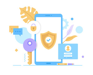 Wall Mural - Mobile security, privacy protection. Vector illustration. Cyber security, smartphone and shield with check mark, secure mobile phone account, data protection concepts