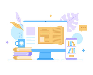 Wall Mural - online library. vector illustration. e-books, education, reading books, digital library concepts