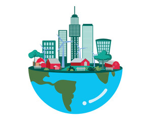 Flat illustration. Half the world is a city with green buildings and trees with wind turbines generating electricity.