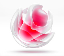 3d Render Of Abstract Art With Surreal Spherical Sculpture Or Alien Flower In Organic Curve Round Wavy Smooth Biological Lines Forms In Matte Finish Glass Material With Red Core Inside On White Back