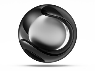 3d render of abstract black and white monochrome art with surreal glass ball with organic curve round substance inside in biological lines forms in dark matte glass material on isolated white back