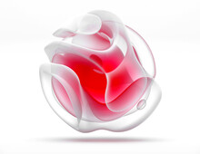 3d Render Of Abstract Art With Surreal Spherical Sculpture Or Alien Flower In Organic Curve Round Wavy Smooth Biological Lines Forms In Matte Finish Glass Material With Red Core Inside On White Back